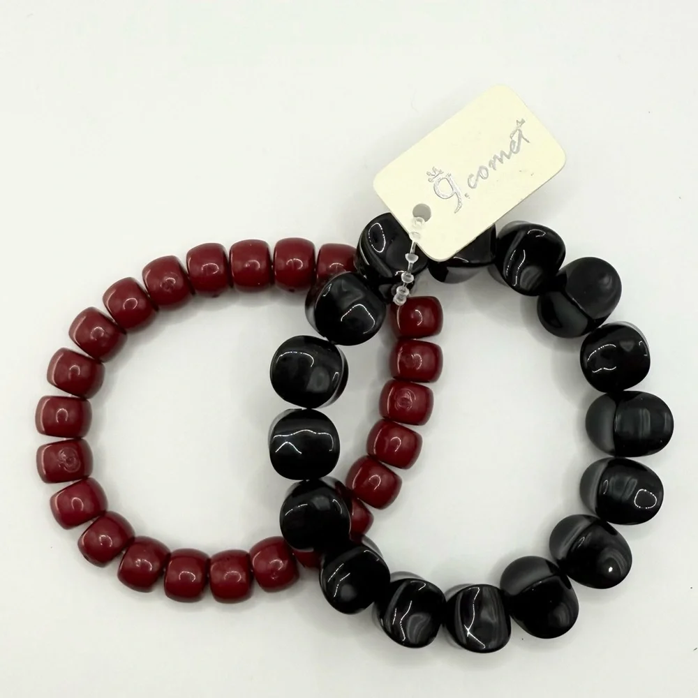 Black & Red Beaded Stretch Bracelet Set Glossy Statement Stack